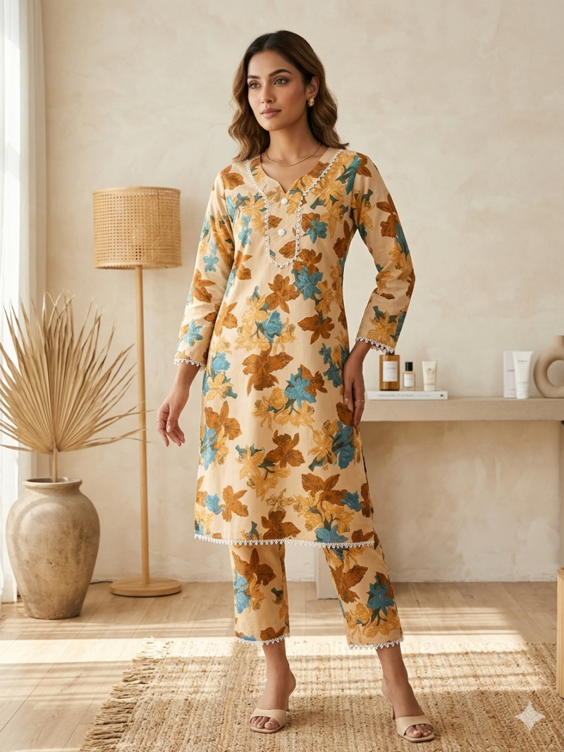 অরিজিনাল সফট চায়না লিলেন লেইস ওয়ার্ক টু-পিস কামিজ সেট