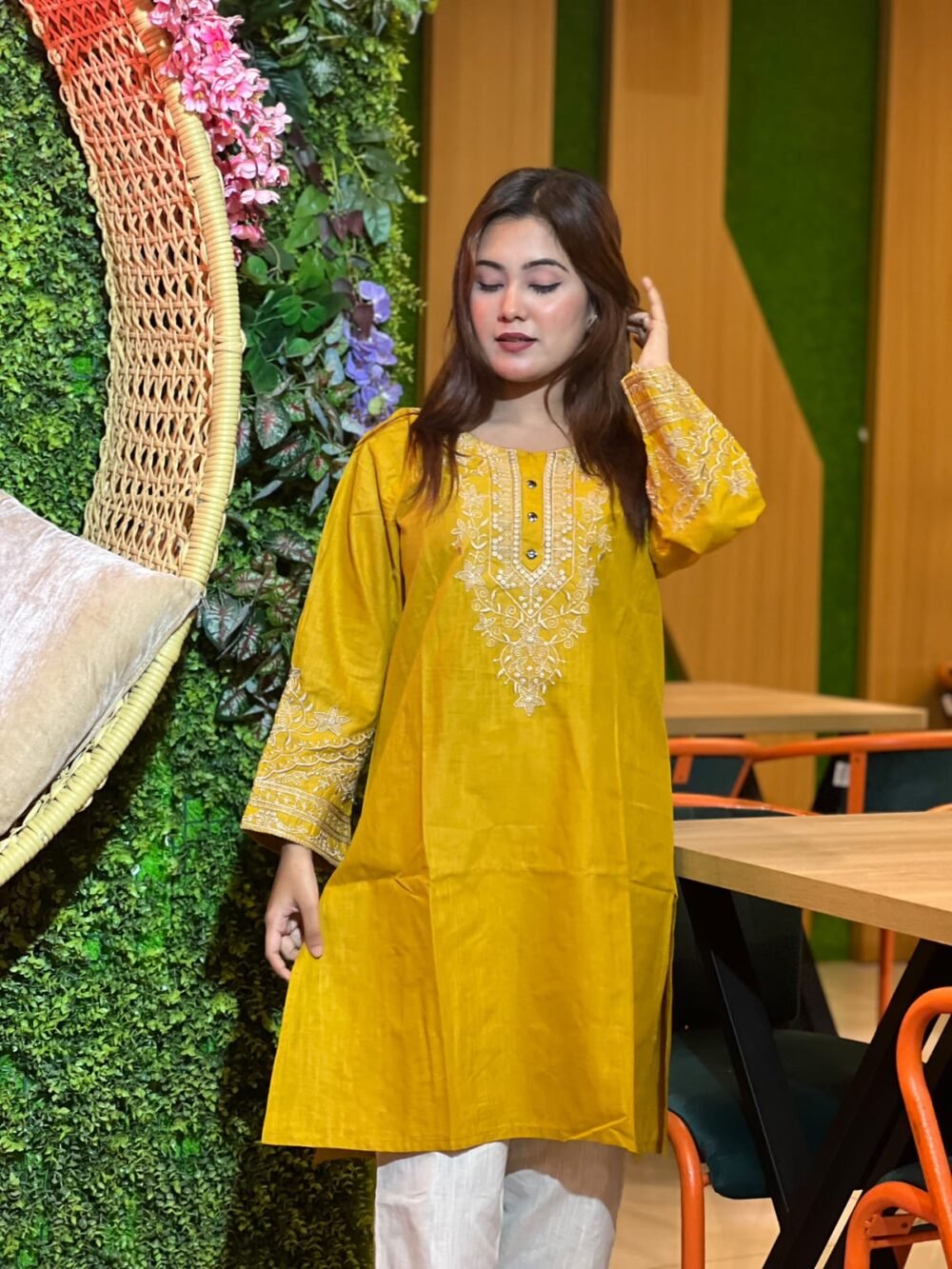 আরং কটন এমব্রয়ডারি টপ উইথ প্লাজো সালোয়ার | Premium Two-Piece Set