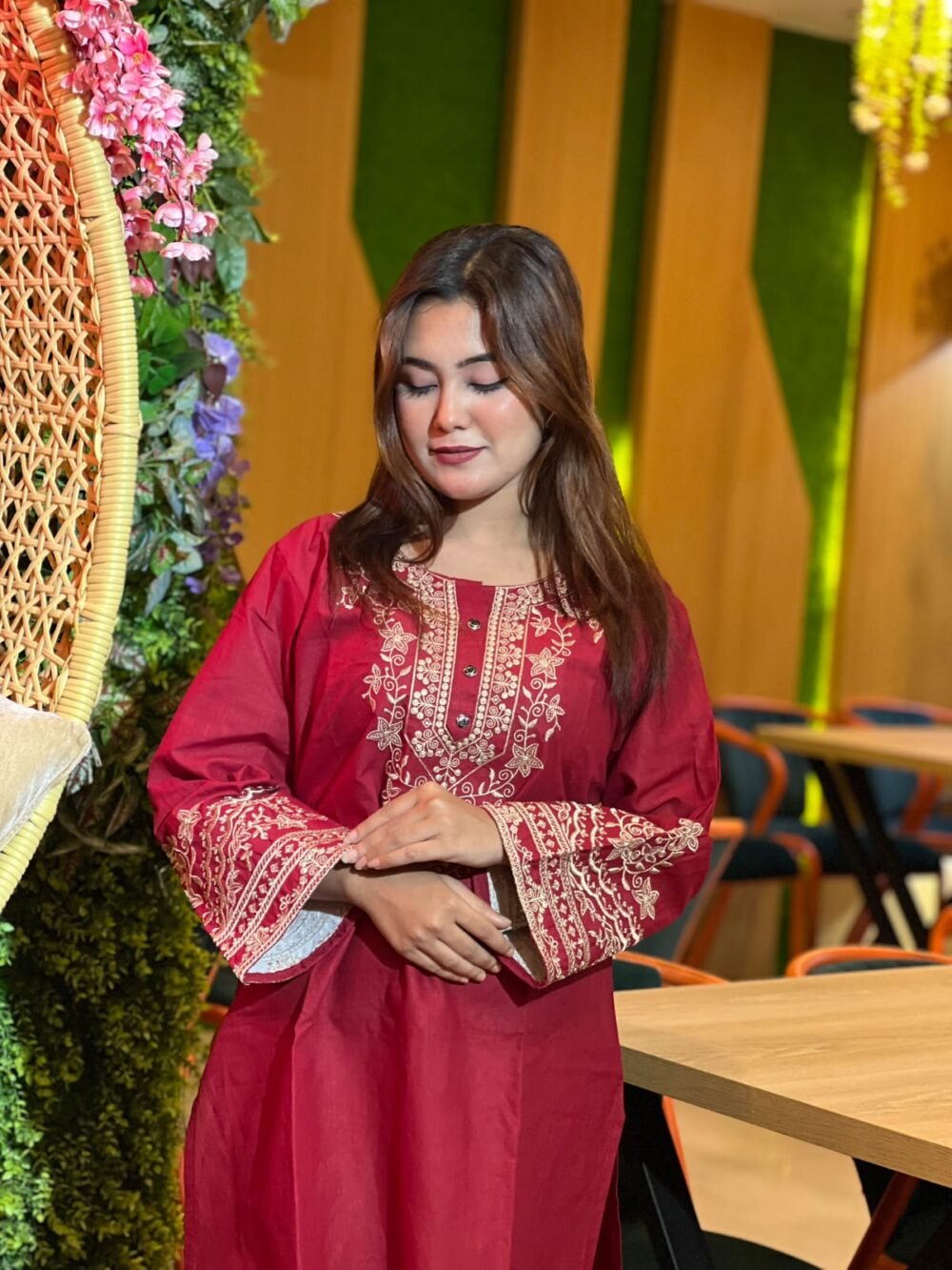 আরং কটন এমব্রয়ডারি টপ উইথ প্লাজো সালোয়ার | Premium Two-Piece Set