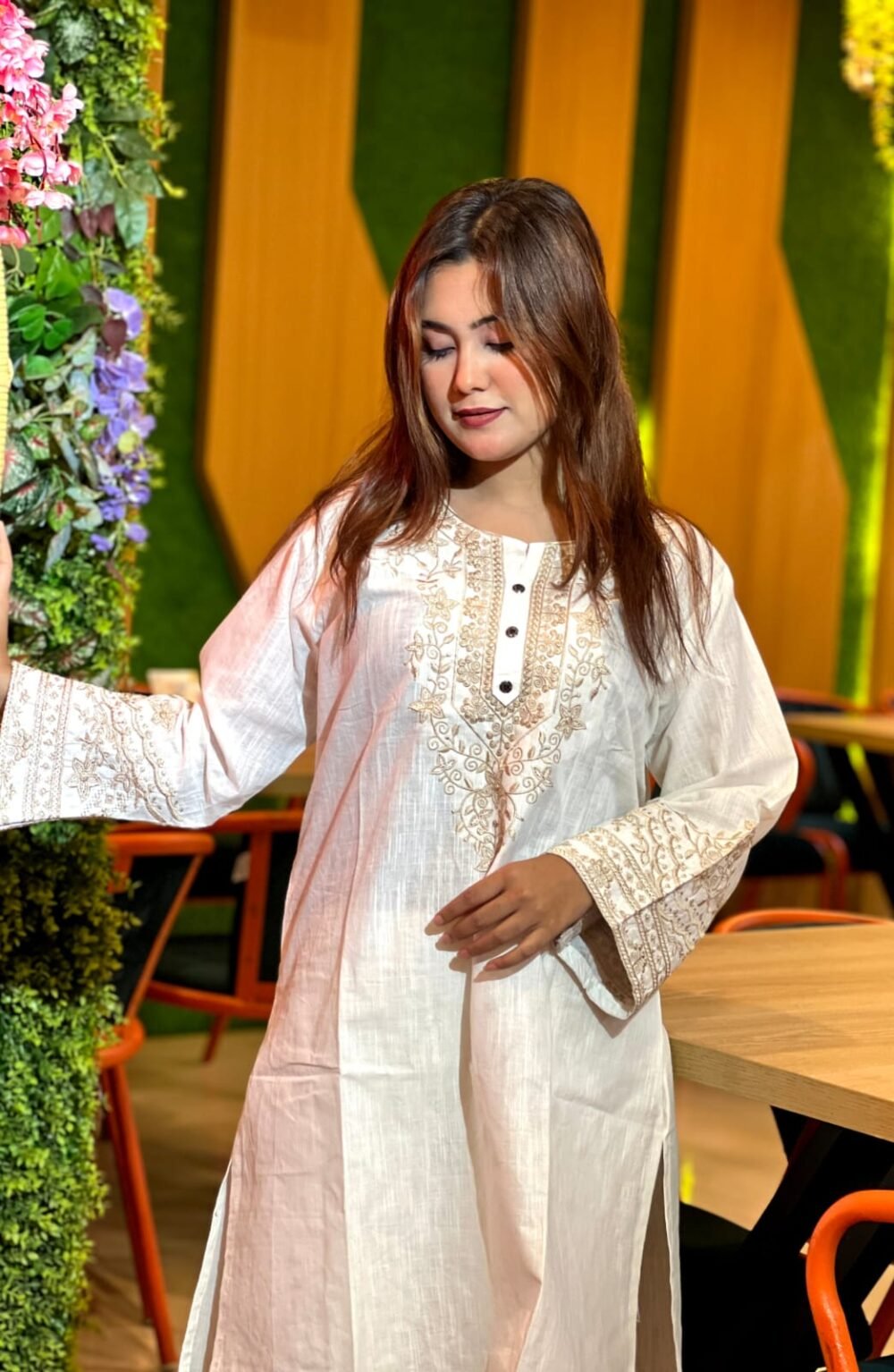 আরং কটন এমব্রয়ডারি টপ উইথ প্লাজো সালোয়ার | Premium Two-Piece Set